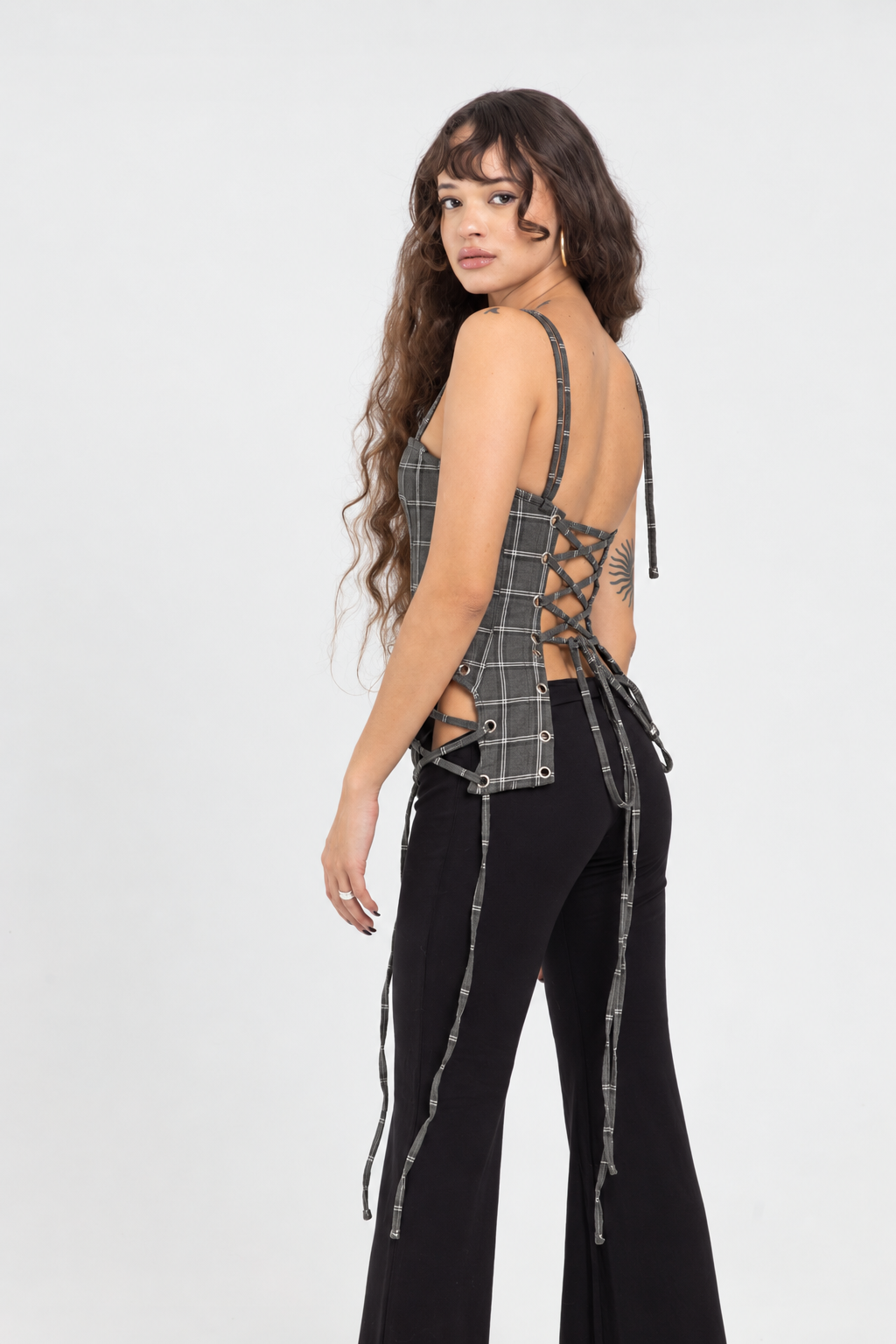 CAMILLE CORSET, front view in charcoal check